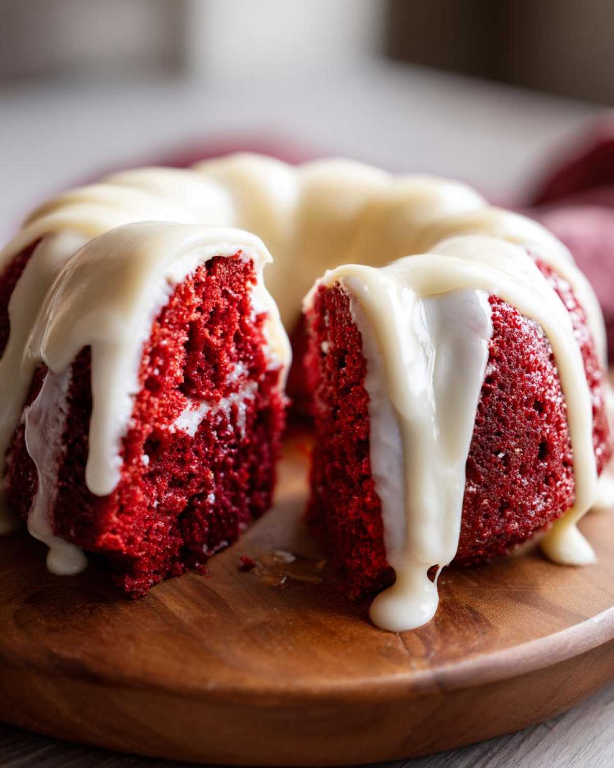 Close-up of a vibrant red velvet bundt cake cut in half, generously topped with dripping white cream cheese glaze.