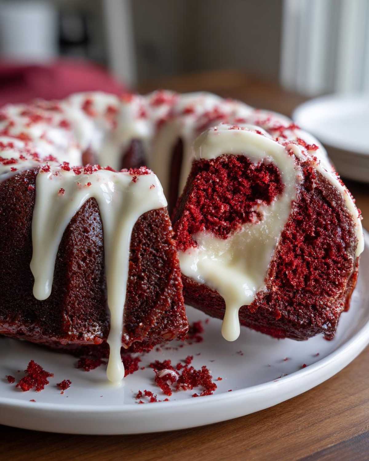 Close-up of a slice cut from a red velvet bundt cake drizzled heavily with white icing.