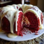 A slice cut from a vibrant red velvet bundt cake topped with dripping white glaze, revealing a cheesecake swirl inside.