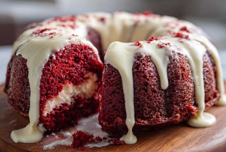 A slice cut out of a moist red velvet bundt cake topped with dripping cream cheese glaze.