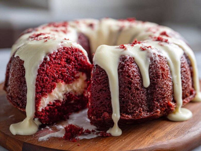 A slice cut out of a moist red velvet bundt cake topped with dripping cream cheese glaze.
