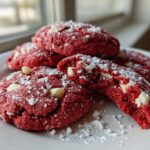 A stack of soft, bright red velvet cake mix cookies topped with powdered sugar and white chocolate chips.