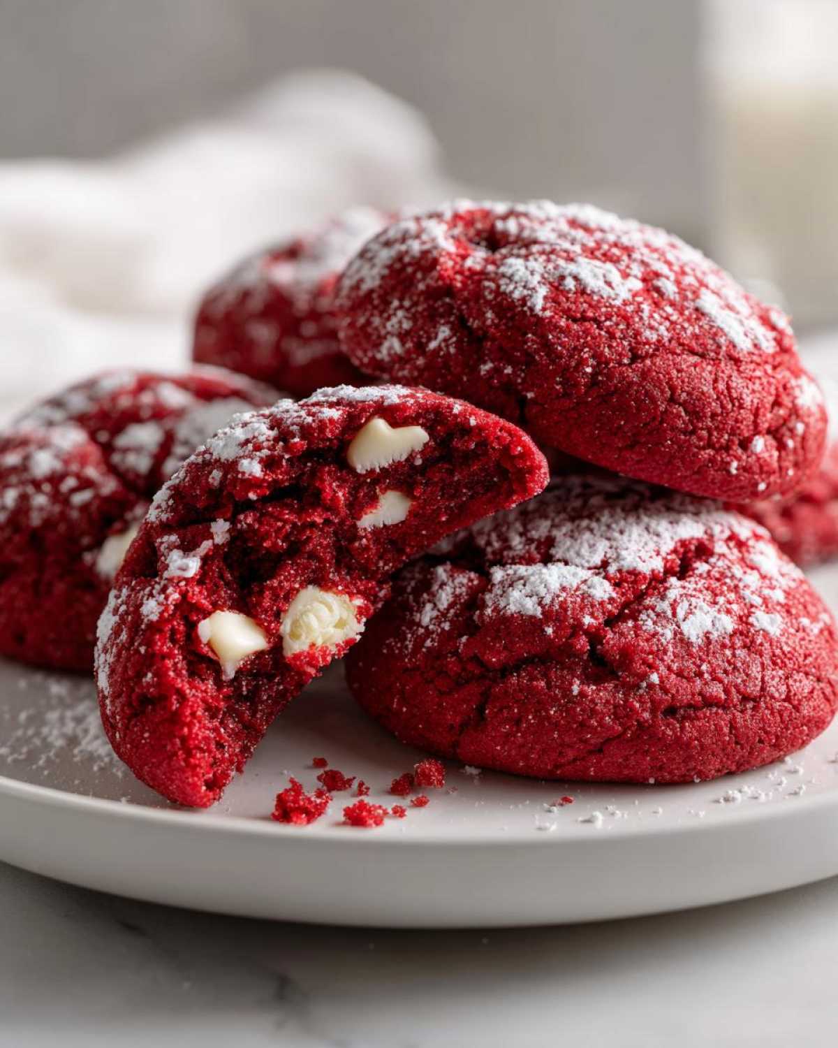 A stack of bright red velvet cake mix cookies dusted with powdered sugar, one cookie is broken open showing white chocolate chips.