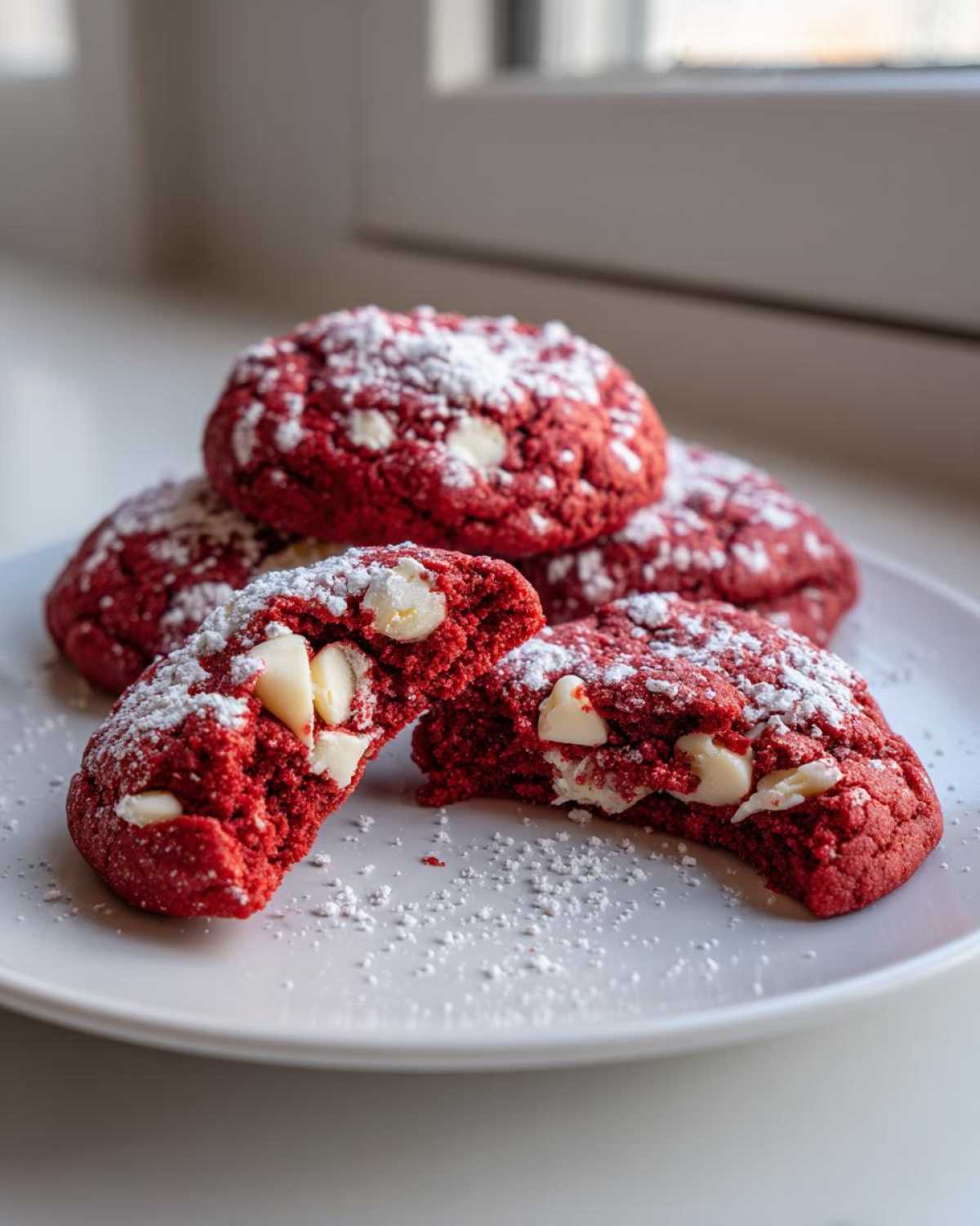 Close-up of soft red velvet cake mix cookies dusted with powdered sugar, one broken open showing white chocolate chips.