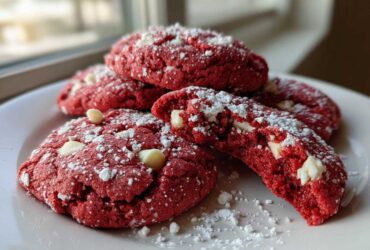 A stack of soft, bright red velvet cake mix cookies topped with powdered sugar and white chocolate chips.