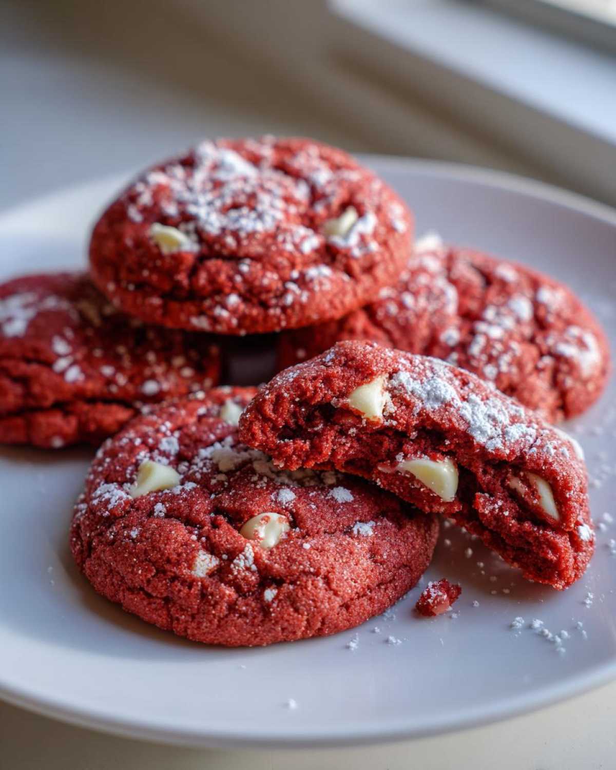 A stack of vibrant red velvet cake mix cookies dusted with powdered sugar, one broken open showing white chocolate chips.