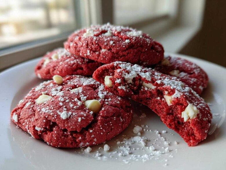 A stack of soft, bright red velvet cake mix cookies topped with powdered sugar and white chocolate chips.