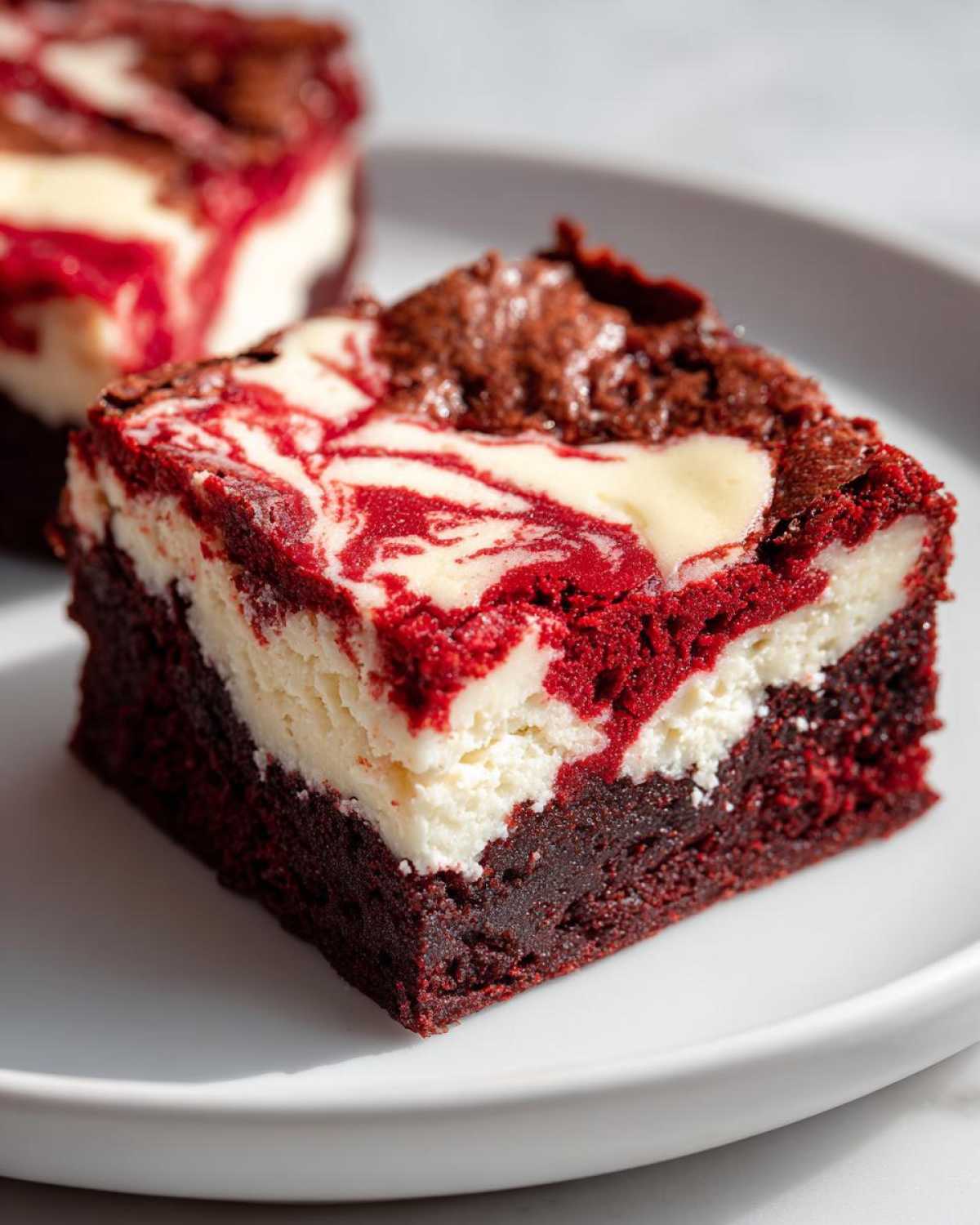 A close-up of a decadent red velvet cheesecake brownie square with a marbled top, sitting on a white plate.