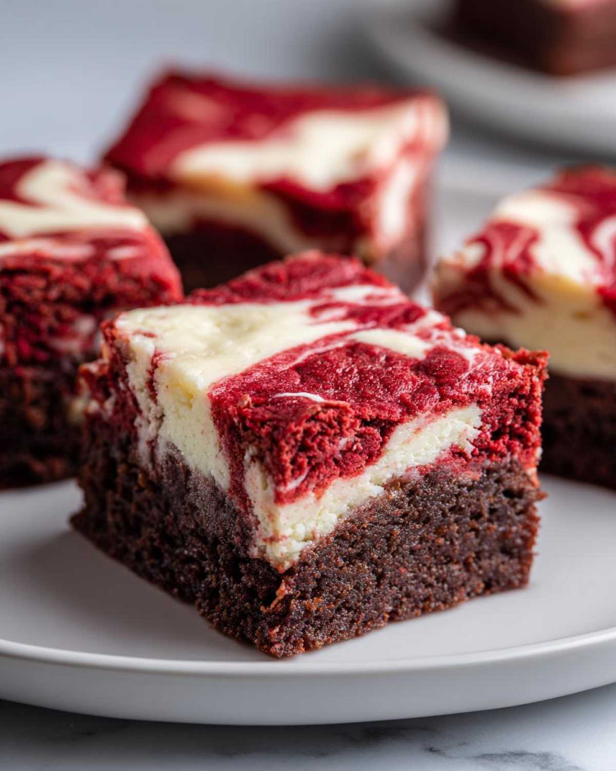 A rich, fudgy red velvet cheesecake brownies square with a cream cheese swirl topping on a white plate.