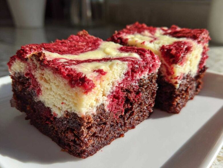 Two rich, fudgy red velvet cheesecake brownies squares with a marbled red and cream cheese topping.