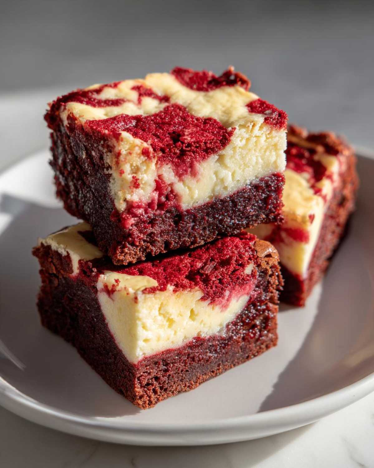 Two stacked, rich red velvet cheesecake brownies with a creamy white swirl topping.