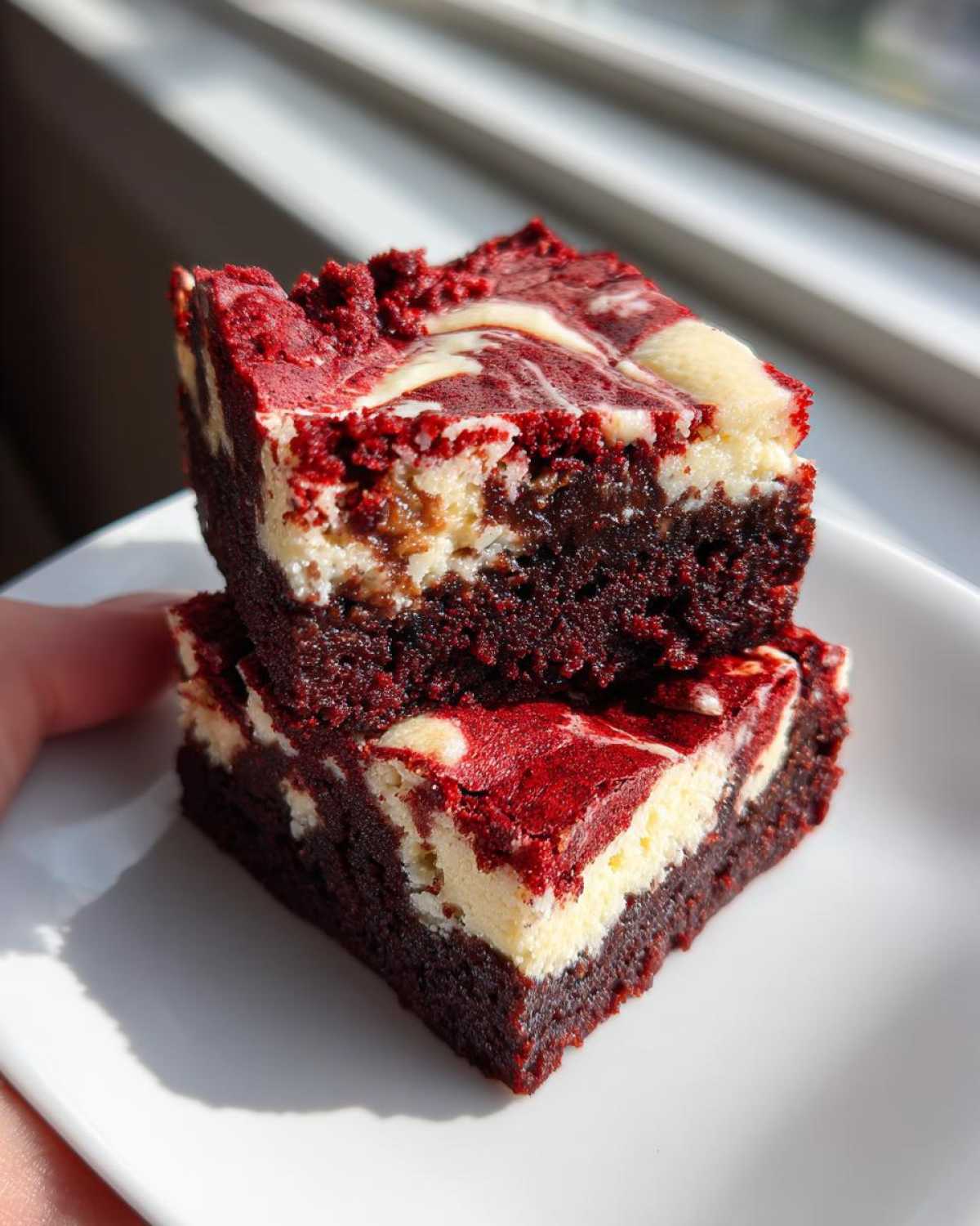 Two stacked, rich red velvet cheesecake brownies featuring a dark brownie base and a bright red and white cream cheese swirl topping.