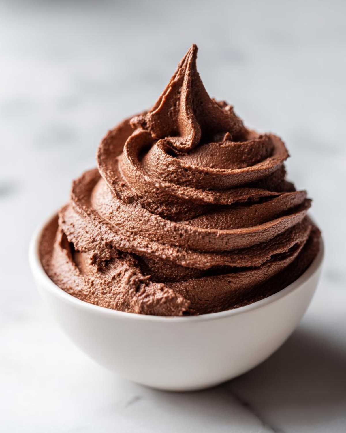 A perfectly piped swirl of rich, dark chocolate frosting filling a small white bowl.
