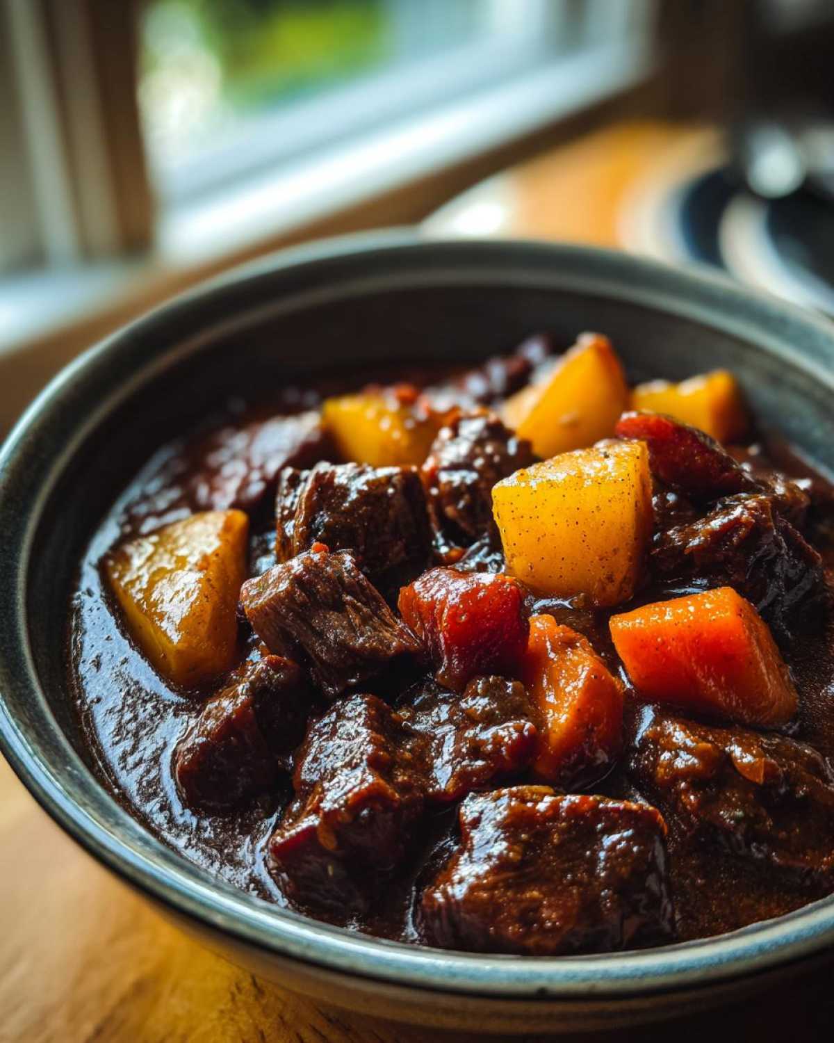 Close-up of tender beef chunks and vegetables in a rich, dark gravy, perfect for crockpot beef stew.