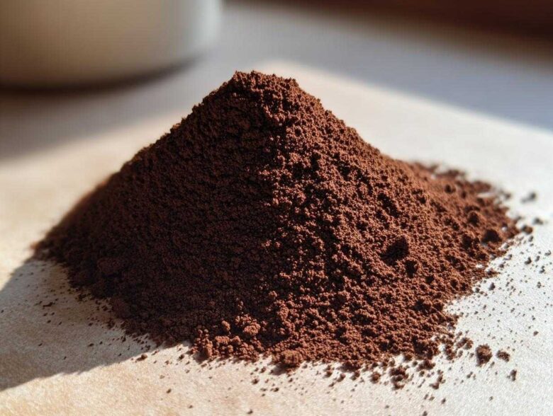 Close-up of a small mound of dark brown, finely ground hot cocoa mix powder on a light surface.
