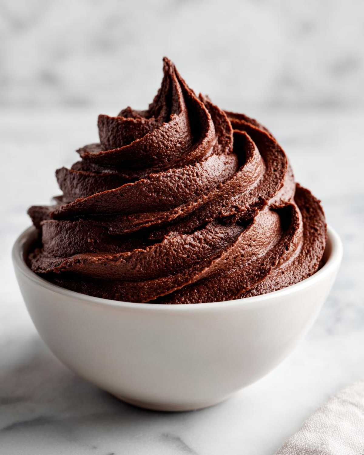 A swirl of rich, dark chocolate frosting piped high in a small white bowl on a marble surface.