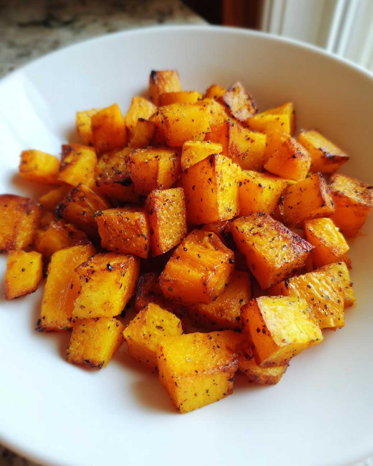 Close-up of perfectly seasoned and caramelized roasted butternut squash cubes in a white bowl.