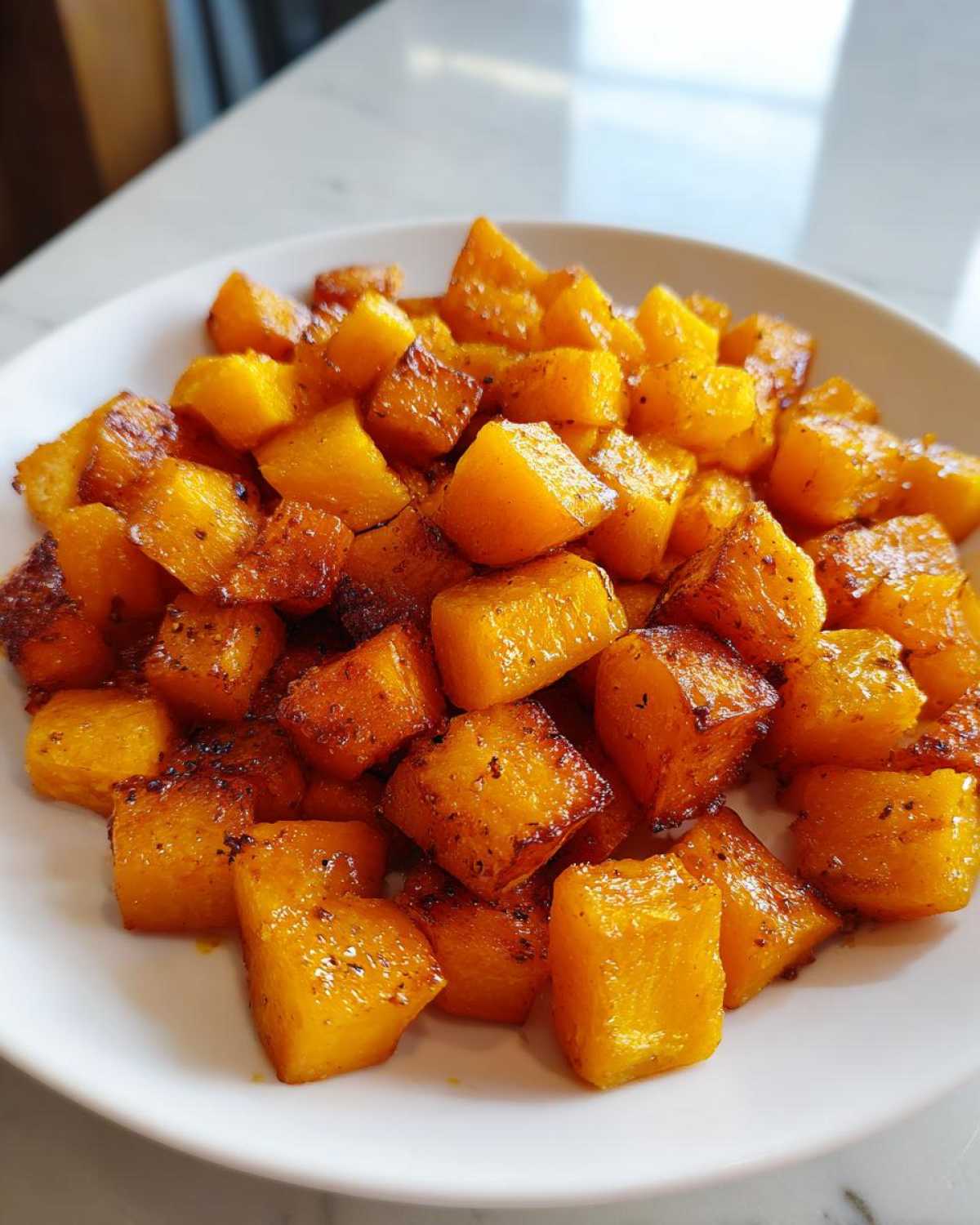 Close-up of glistening, caramelized roasted butternut squash cubes piled on a white plate.