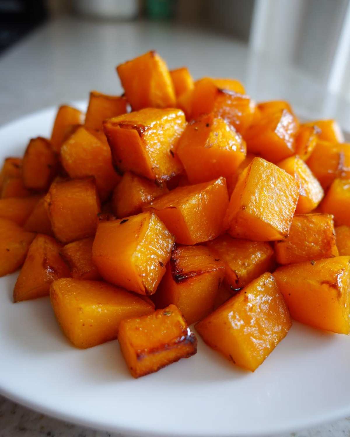 Close-up of glossy, caramelized cubes of roasted butternut squash piled on a white plate.