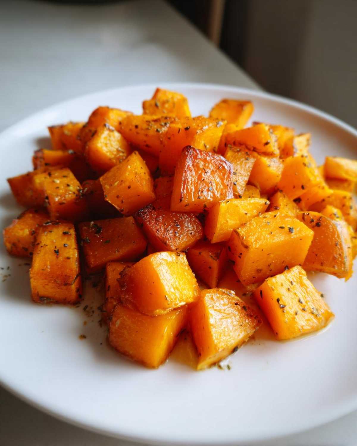 Close-up of bright orange roasted butternut squash cubes seasoned with herbs on a white plate.