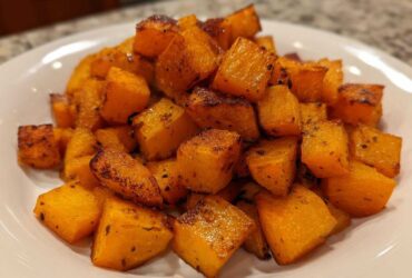 Close-up of perfectly seasoned and caramelized roasted butternut squash cubes piled on a white serving dish.