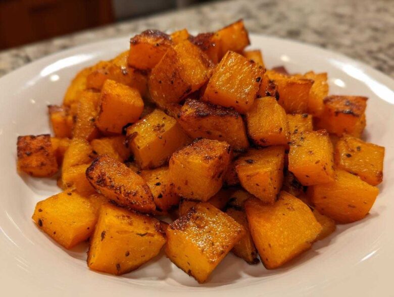 Close-up of perfectly seasoned and caramelized roasted butternut squash cubes piled on a white serving dish.