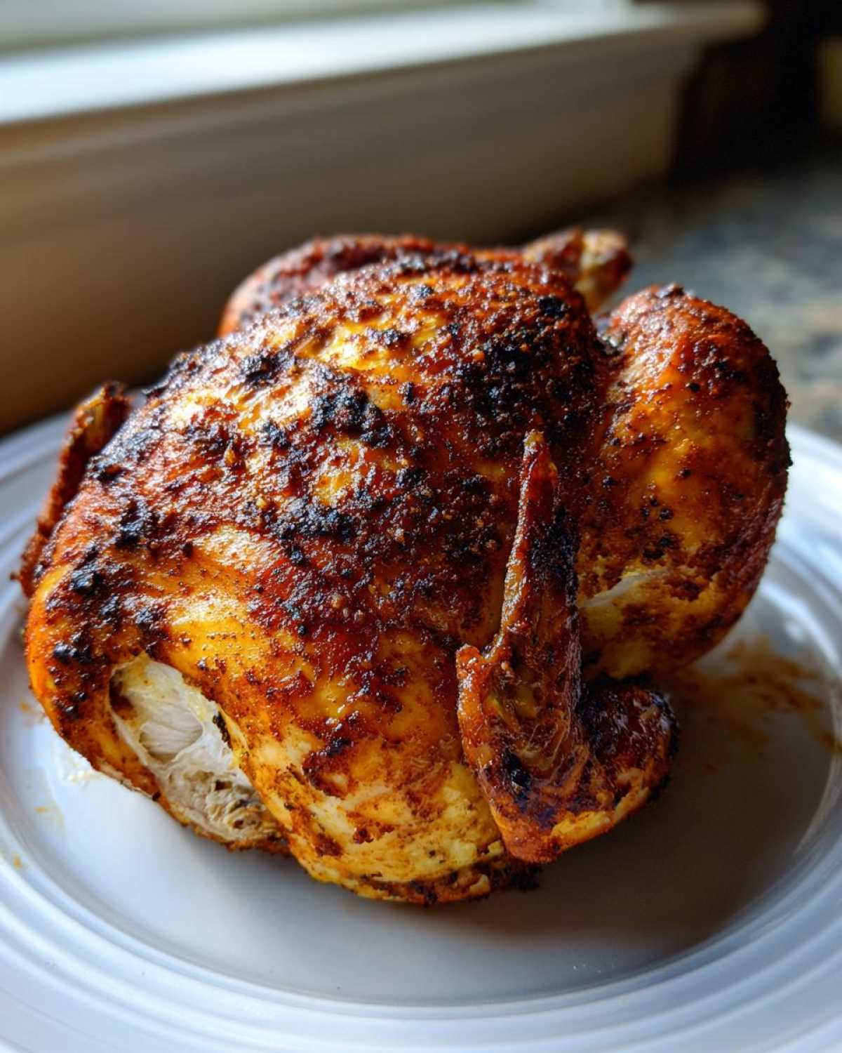 A beautifully roasted whole chicken with dark, seasoned, crispy skin resting on a white plate.