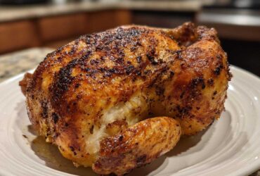A beautifully roasted whole chicken with deeply browned, crispy skin resting on a white plate.