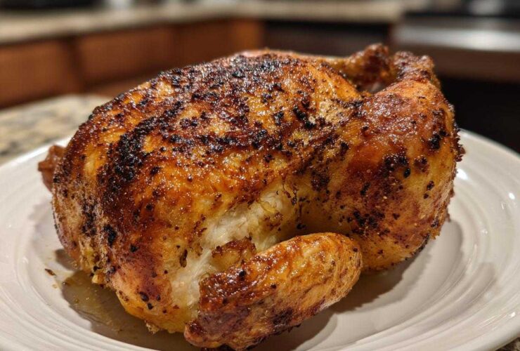 A beautifully roasted whole chicken with deeply browned, crispy skin resting on a white plate.
