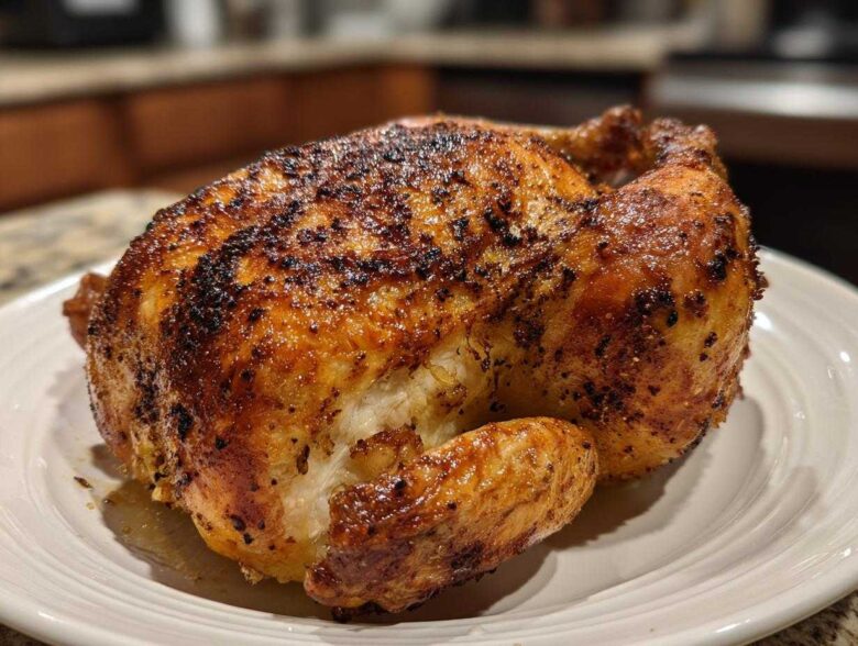 A beautifully roasted whole chicken with deeply browned, crispy skin resting on a white plate.