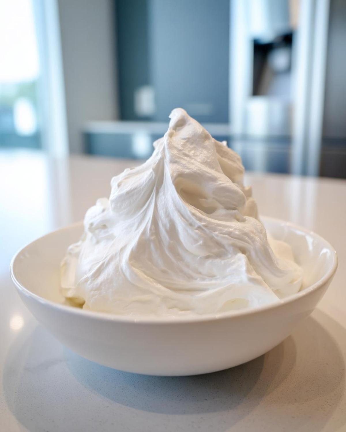 A close-up of thick, stiff white royal icing recipe mixture peaked high in a white bowl.