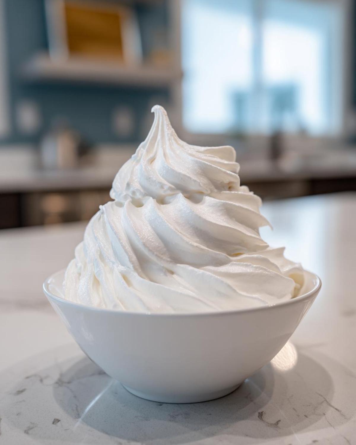 A close-up of stiff, perfectly piped white royal icing recipe mixture in a white bowl.