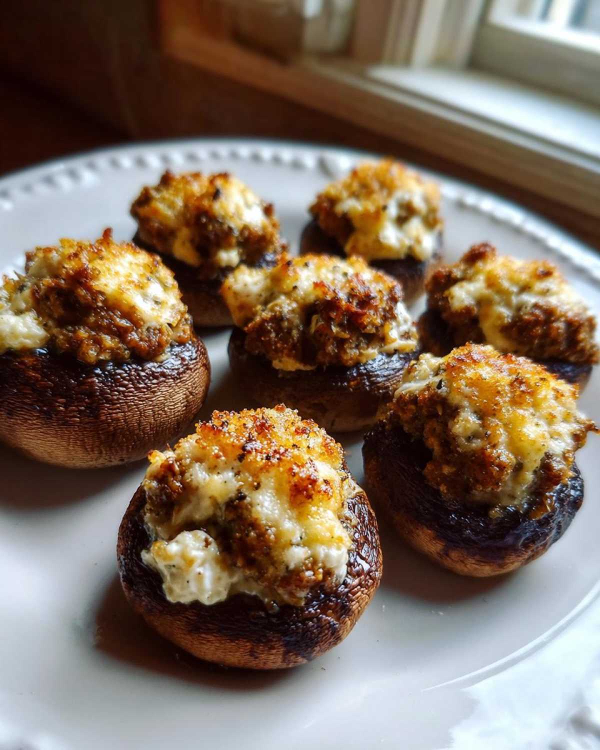 A plate of seven golden-brown, baked Sausage stuffed mushrooms with cheesy, savory filling.