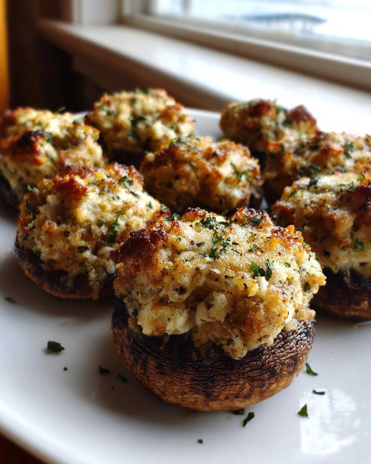 Close-up of several golden-brown Sausage stuffed mushrooms garnished with parsley on a white plate.