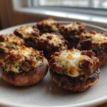 A plate of freshly baked sausage stuffed mushrooms topped with melted, browned cheese.