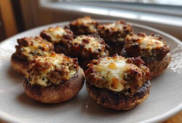 A plate of freshly baked sausage stuffed mushrooms topped with melted, browned cheese.