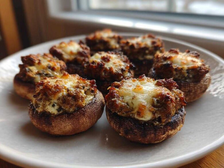 A plate of freshly baked sausage stuffed mushrooms topped with melted, browned cheese.
