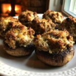 Close-up of several golden brown Sausage stuffed mushrooms served on a white plate with a cozy, warm background.