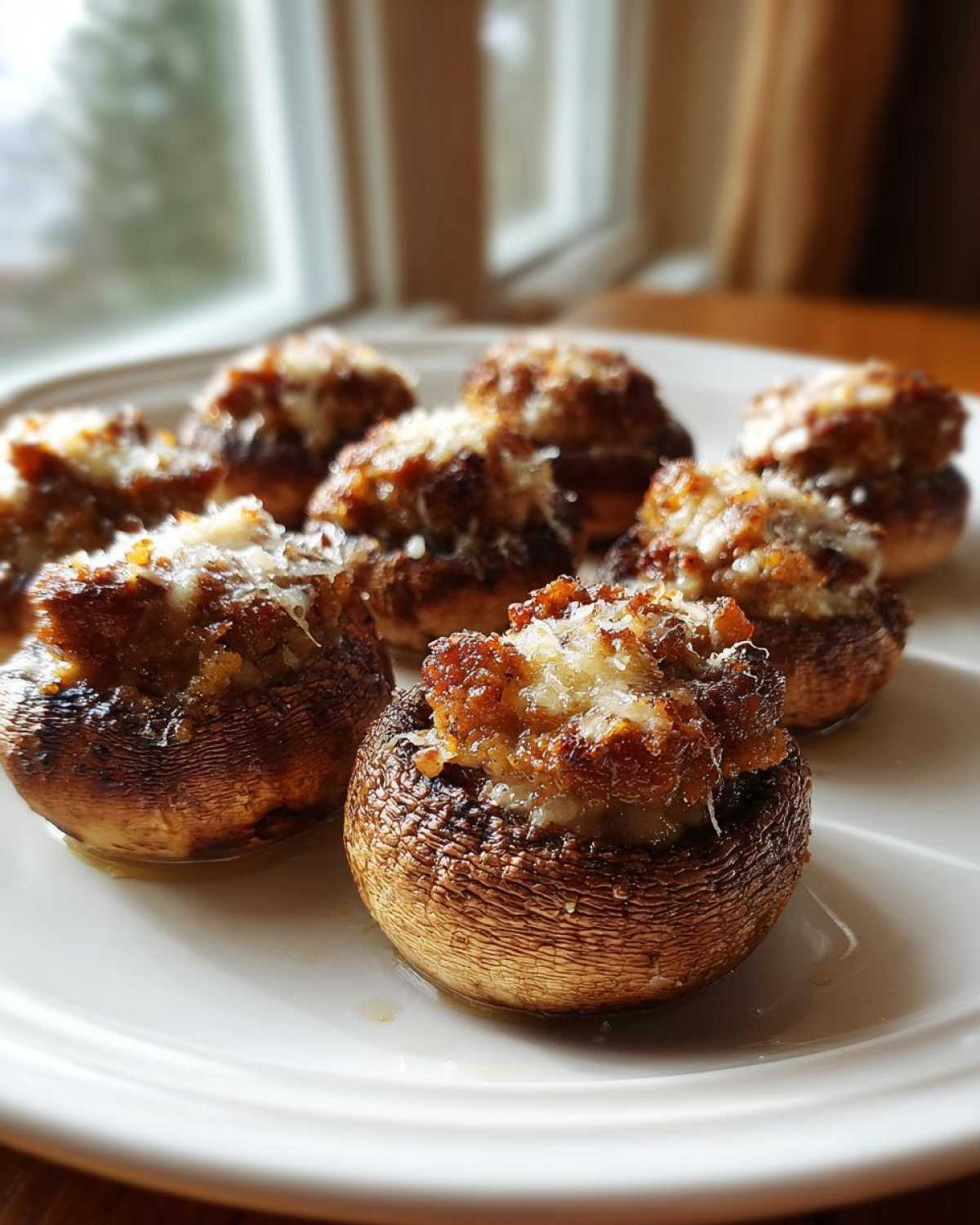 Close-up of baked sausage stuffed mushrooms topped with melted cheese served on a white plate.