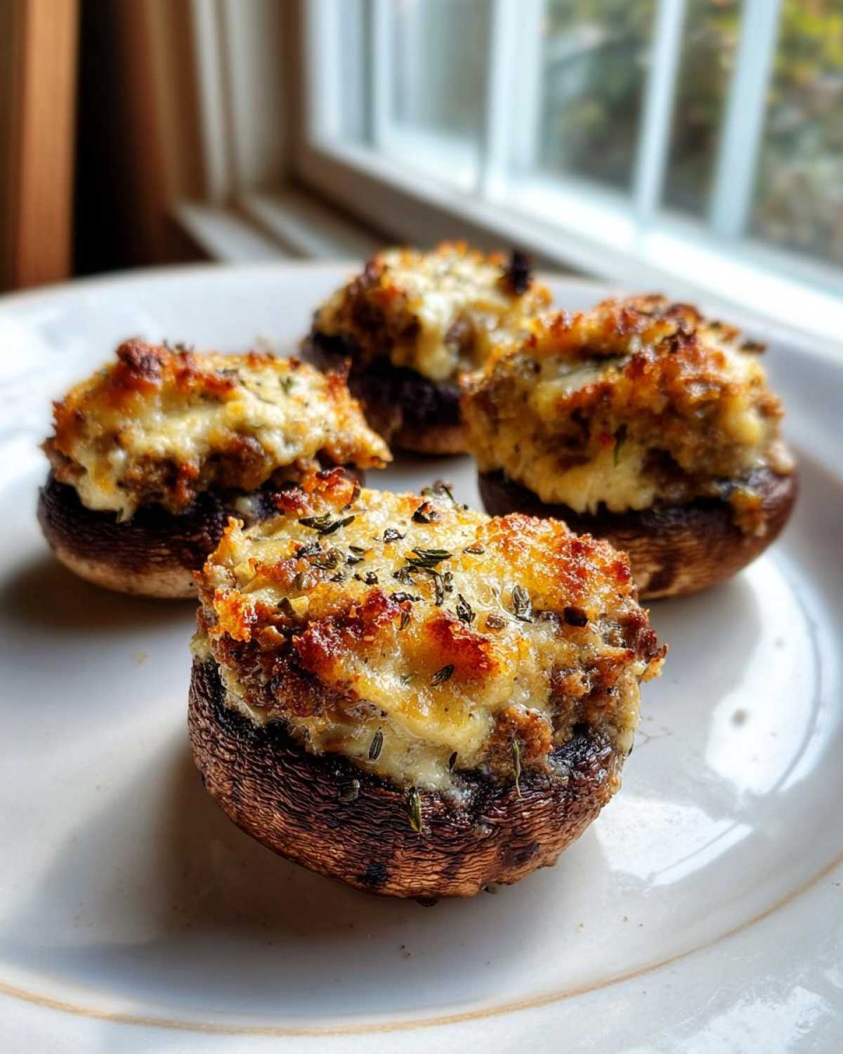 Four perfectly baked Sausage Stuffed Mushrooms with browned, cheesy tops resting on a white plate.