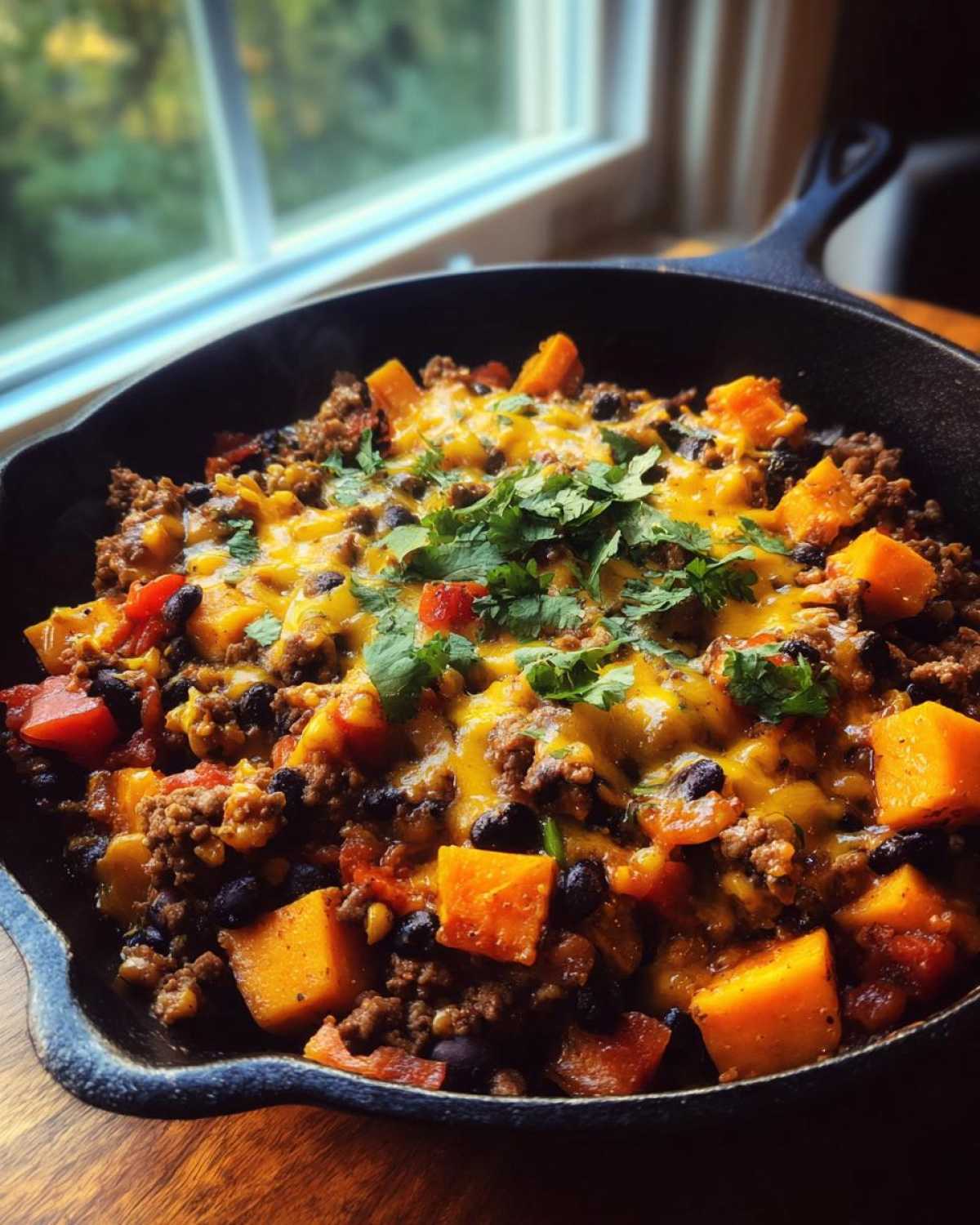 Close-up of a savory sweet potato skillet topped with melted cheese and fresh cilantro.
