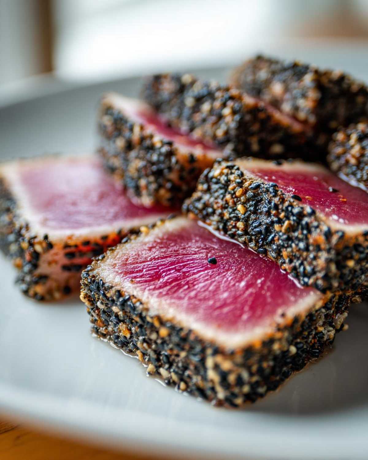 Close-up of perfectly seared ahi tuna slices coated in a black and white sesame seed crust.