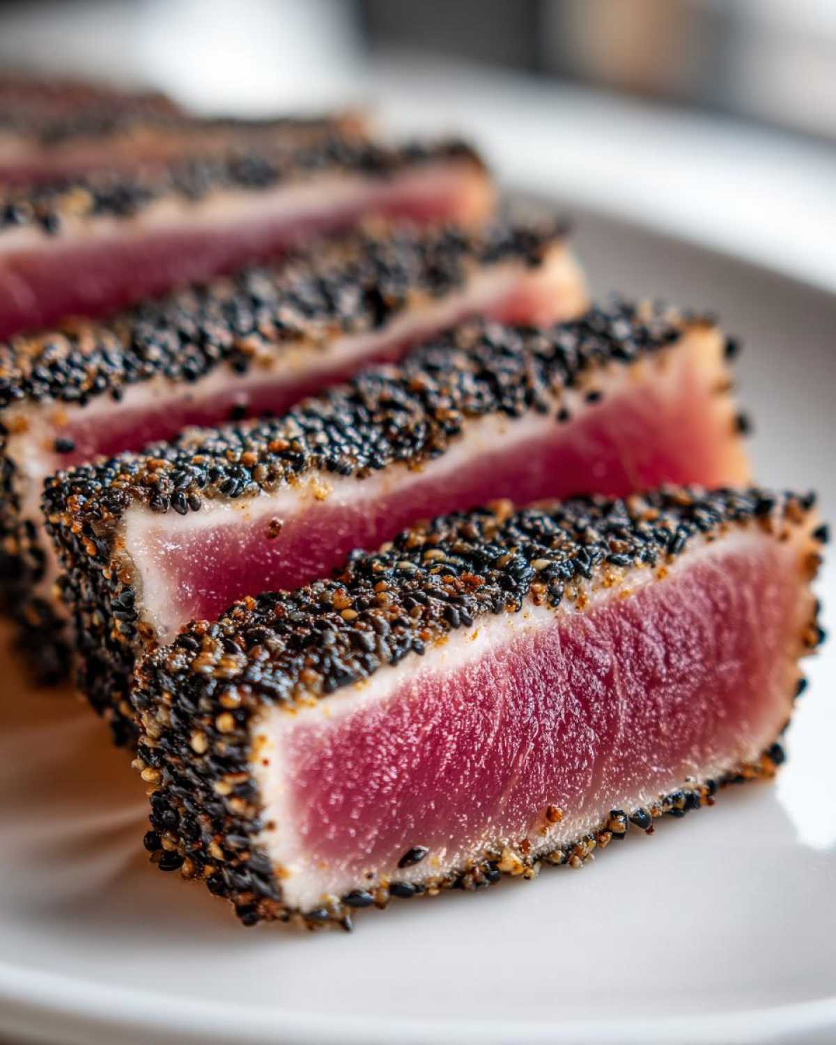 Close-up of perfectly seared ahi tuna slices showing a deep red center and a thick black sesame seed crust.