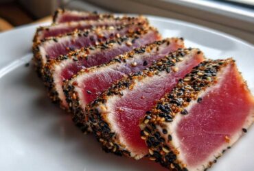 Slices of perfectly cooked Seared Ahi Tuna, showing a rare, deep red center and a sesame seed crust.