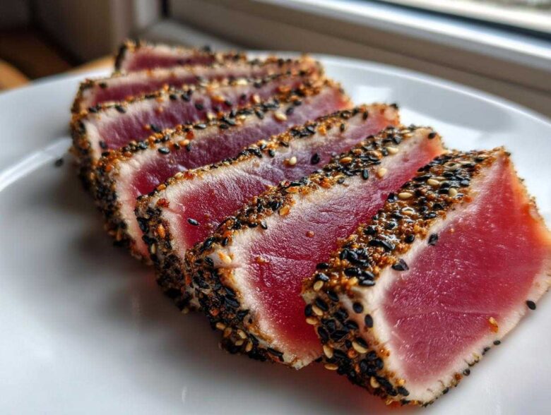 Slices of perfectly cooked Seared Ahi Tuna, showing a rare, deep red center and a sesame seed crust.