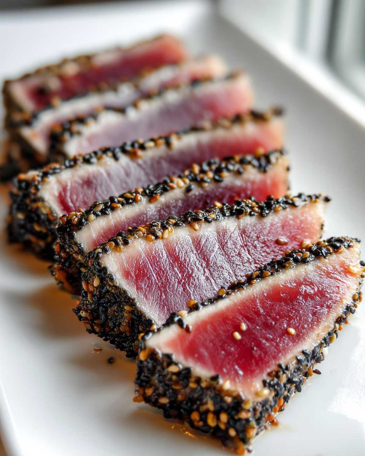 Close-up of perfectly seared ahi tuna slices coated in a black and white sesame seed crust, showing a rare, red center.