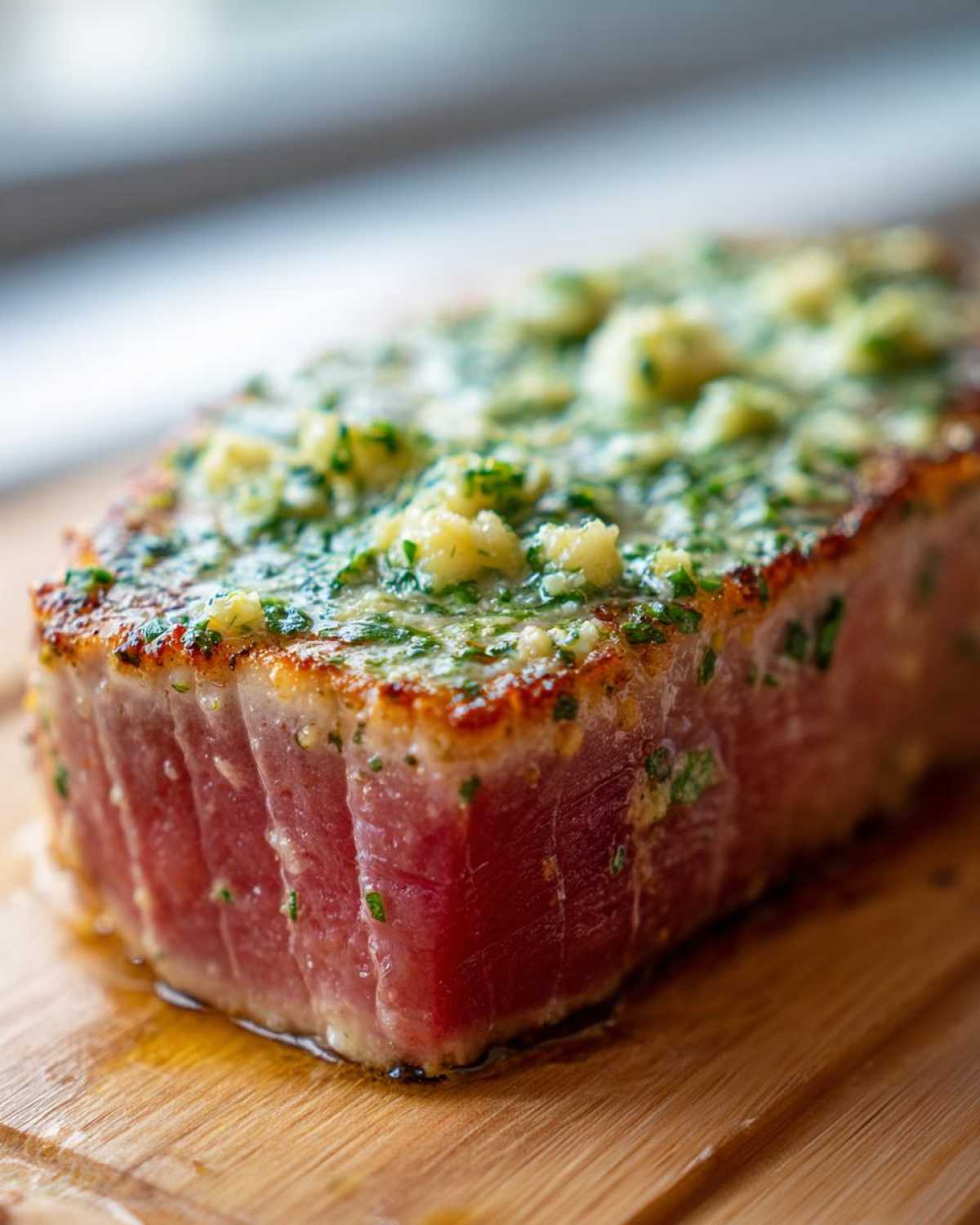 Close-up of a thick, seared tuna steak with a bright red center, topped with garlic and herb butter.