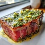 A thick, perfectly seared tuna steak, rare in the center, topped with a bright garlic and herb butter sauce.