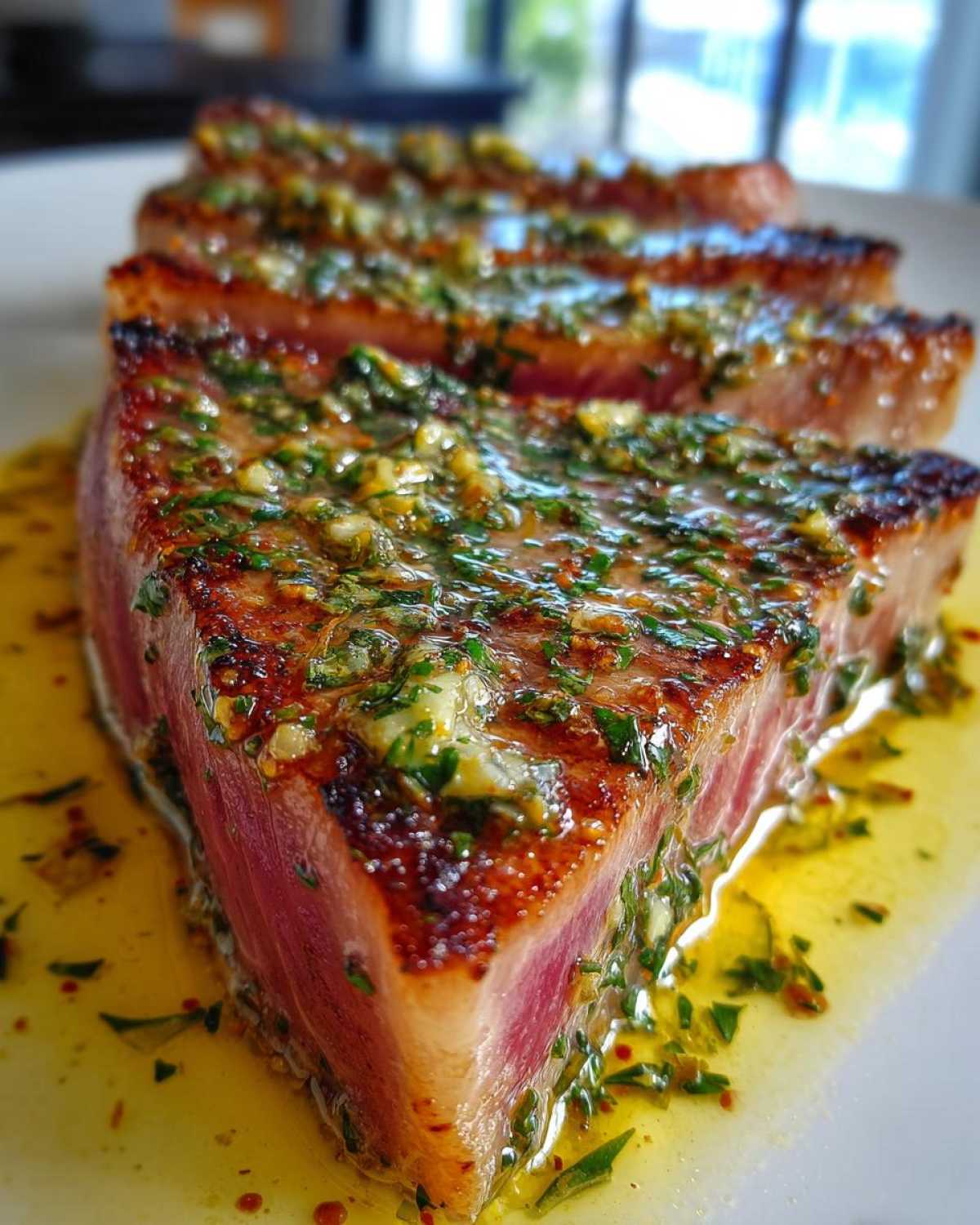 Close-up of perfectly seared tuna steak slices topped with a bright green garlic and herb butter sauce.