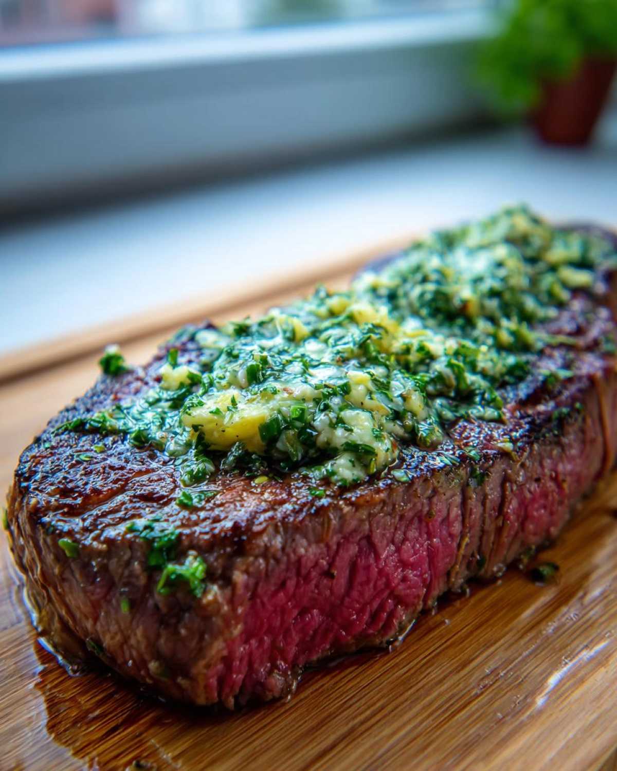 Close-up of a thick, seared tuna steak topped with melting herb butter, resting on a wooden cutting board.